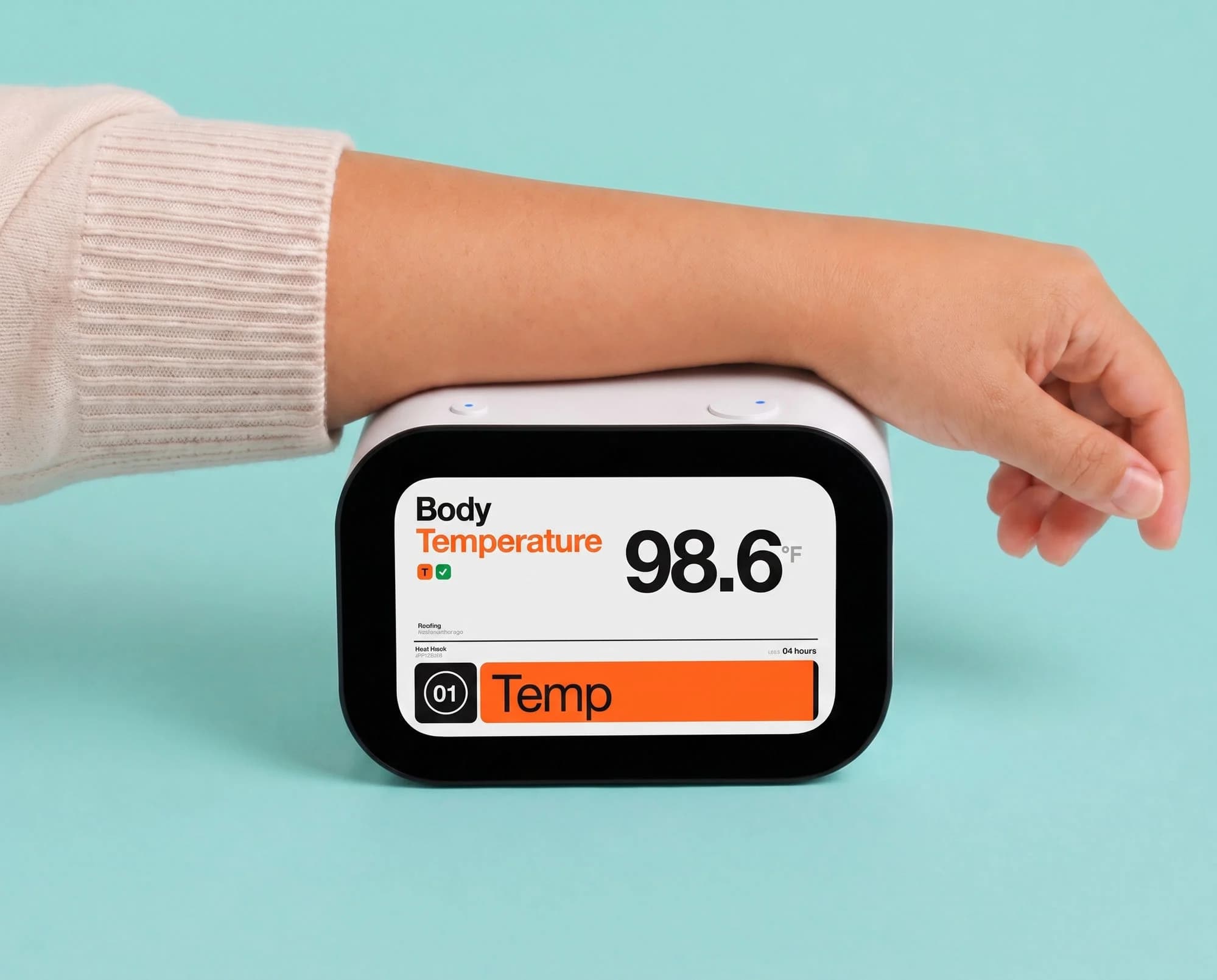 Person using a Rhem blood pressure monitor at home with live readings on screen