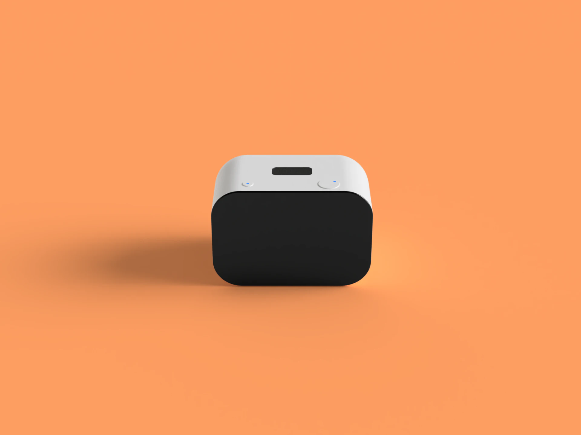 Rhem AI health robot in coral, front view with its calm face display lit.