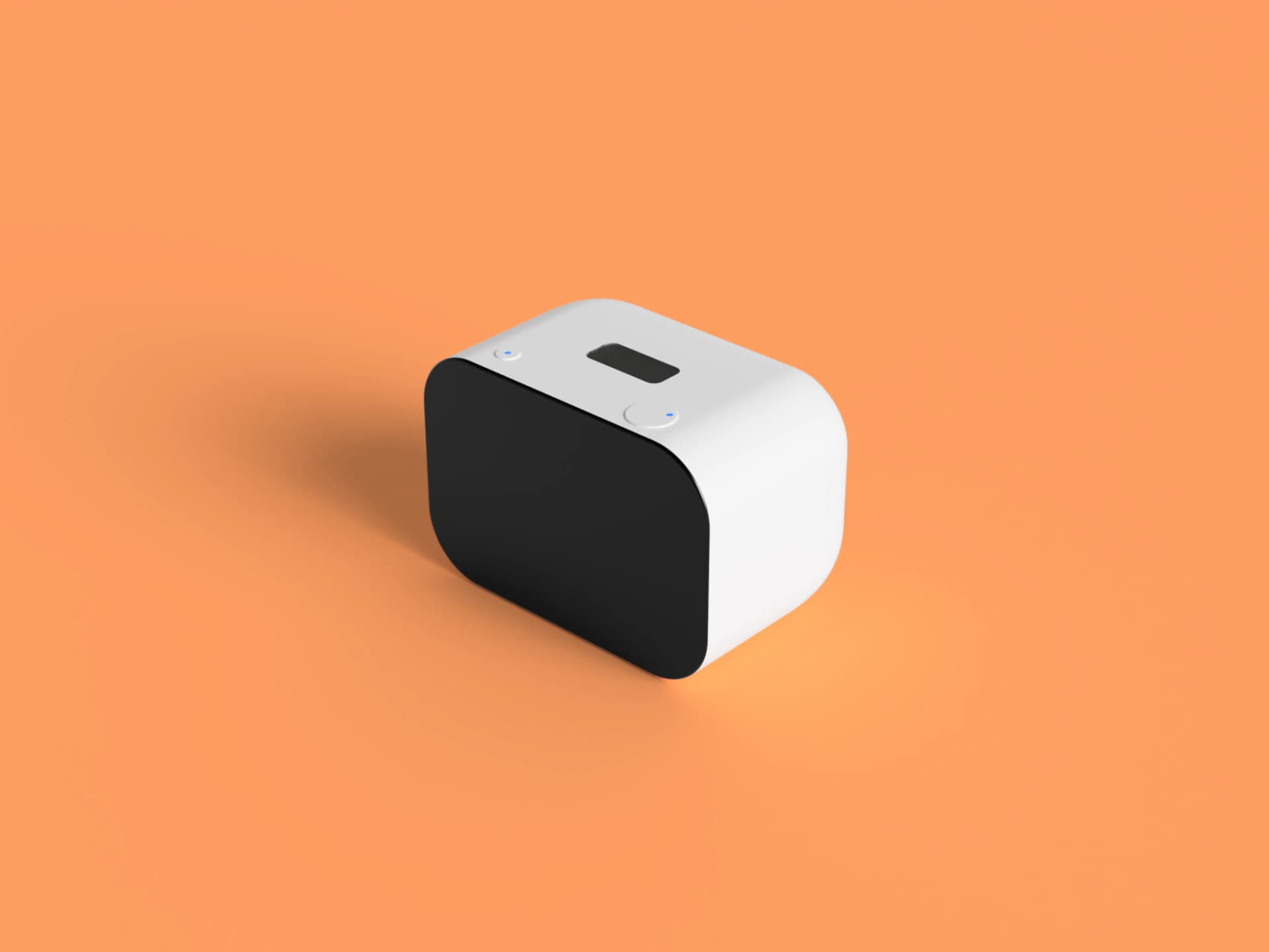 Rhem AI health robot in coral, angled three-quarter view.