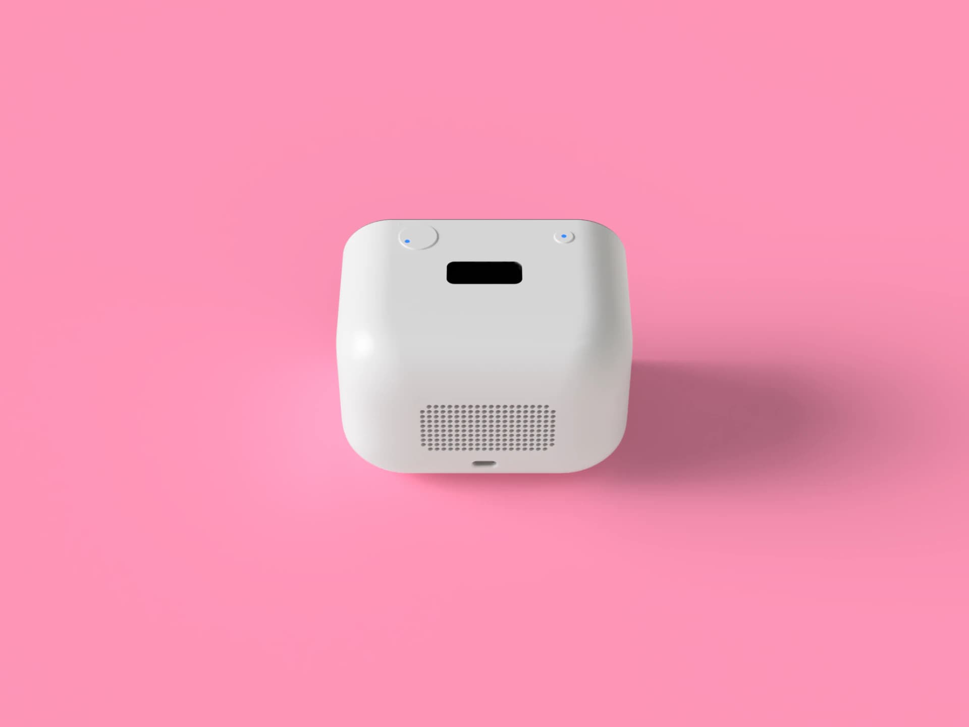 Rhem AI health robot in pink, detail view of its matte shell.