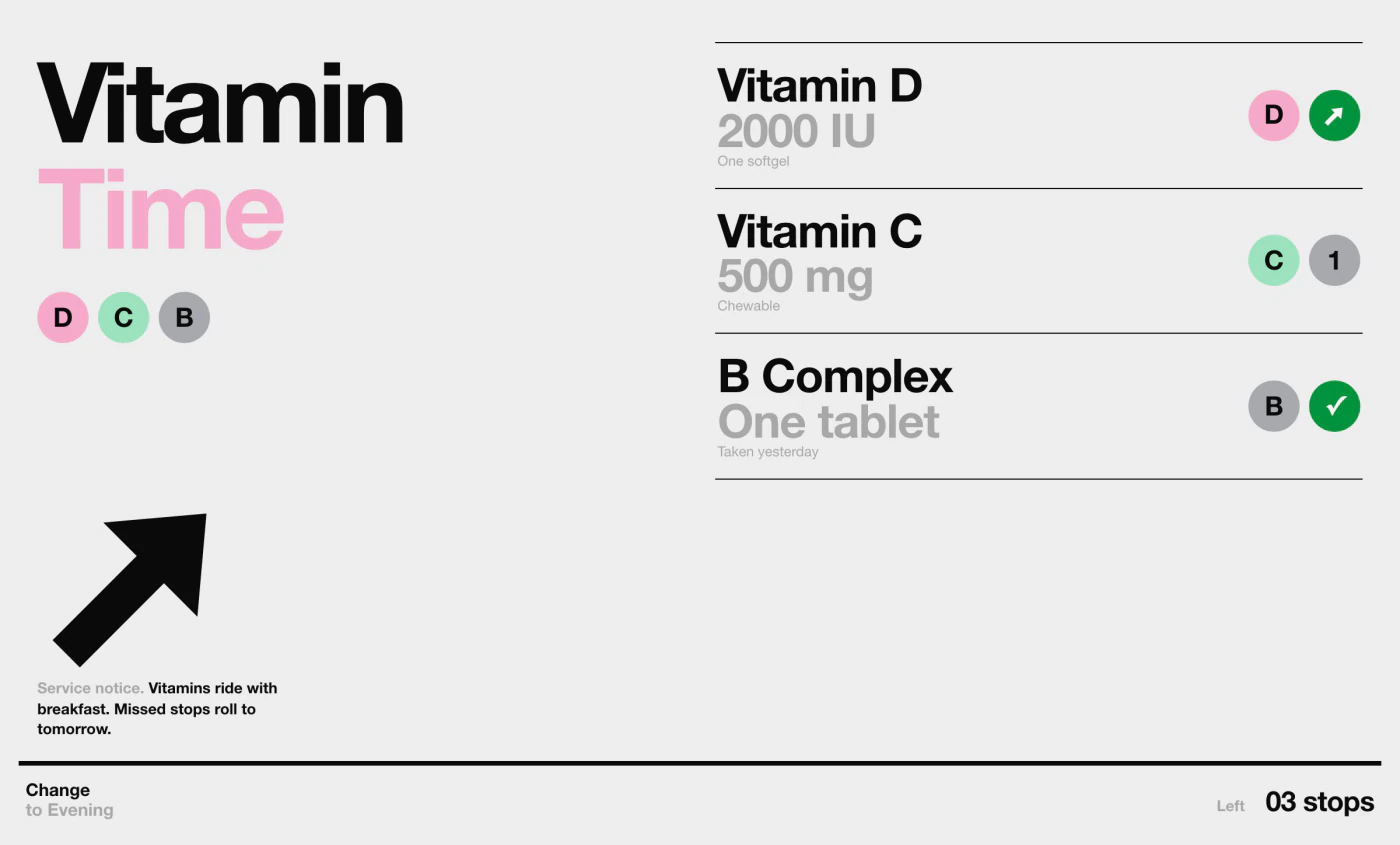 Medication and vitamin reminders screen interface